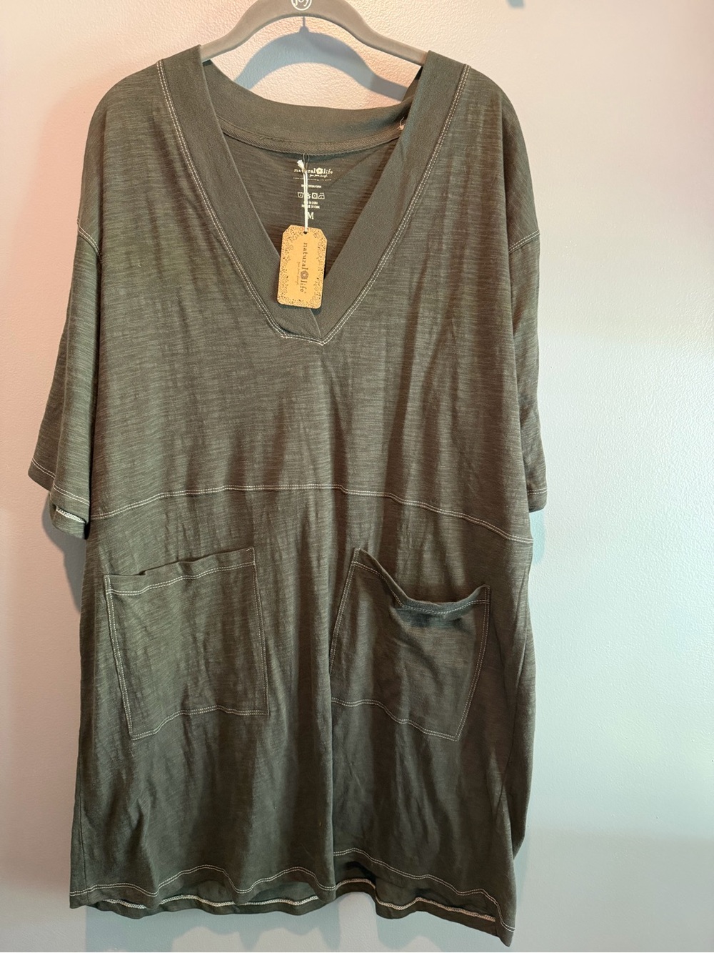 NATURAL LIFE Olive Green Gray Short Sleeve V-Neck Tunic Dress with Front Pockets